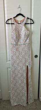 City Studio White Lace Halter Gown with Beaded Waist and Nude Lining